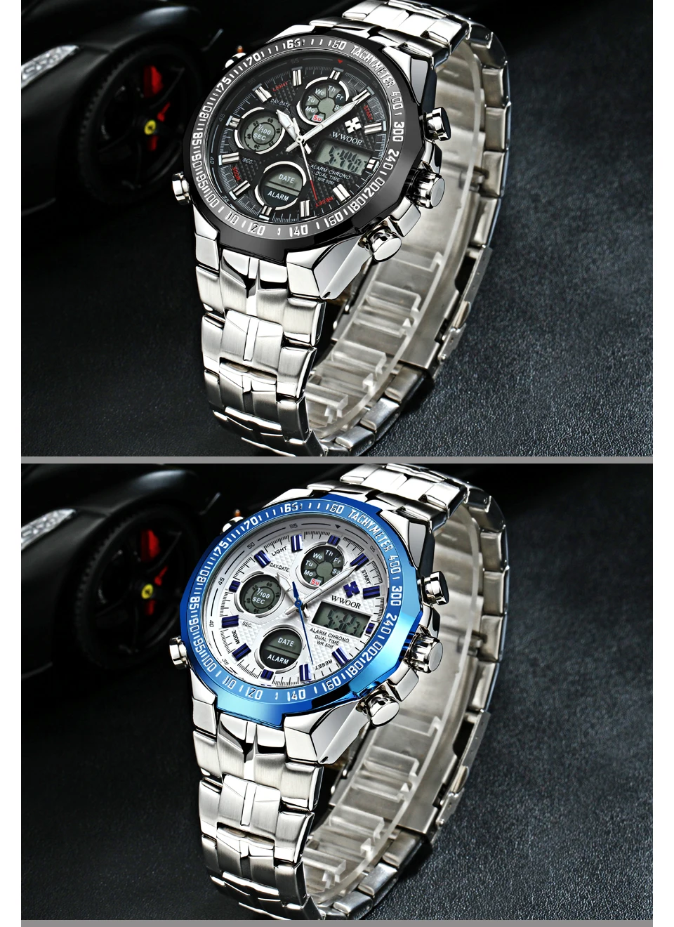 Топ люксовый бренд WWOOR мужские спортивные часы мужские модные кварцевые часы цифровые светодиодные водонепроницаемые часы Военные Наручные часы