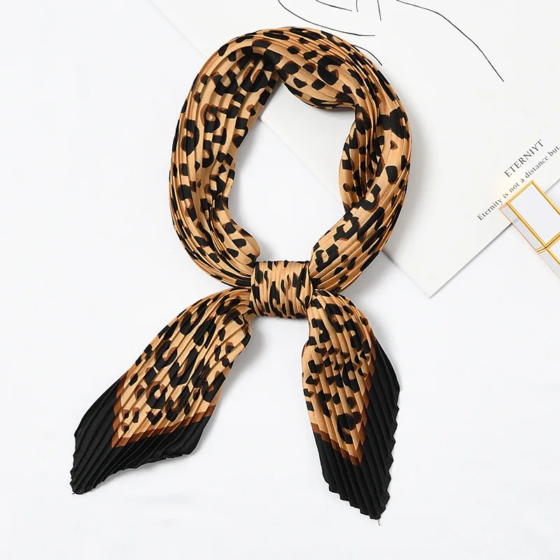 55x55cm Pleated Small Square Scarf Satin Silk 2019 New Leopard Dot Crinkle Bandana Hair Head Neck Wrap Bag Women Handkerchief