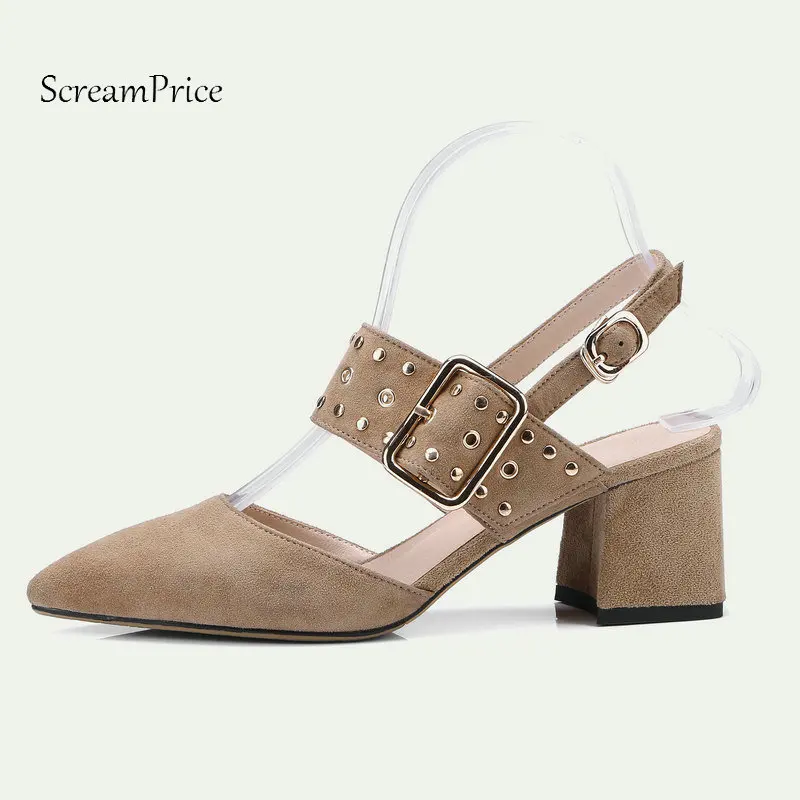 

Summer Comfort Square High Heel Pointed Toe Suede Woman Sandals Fashion Buckle Dress High Heel Shoes Woman Black Khaki
