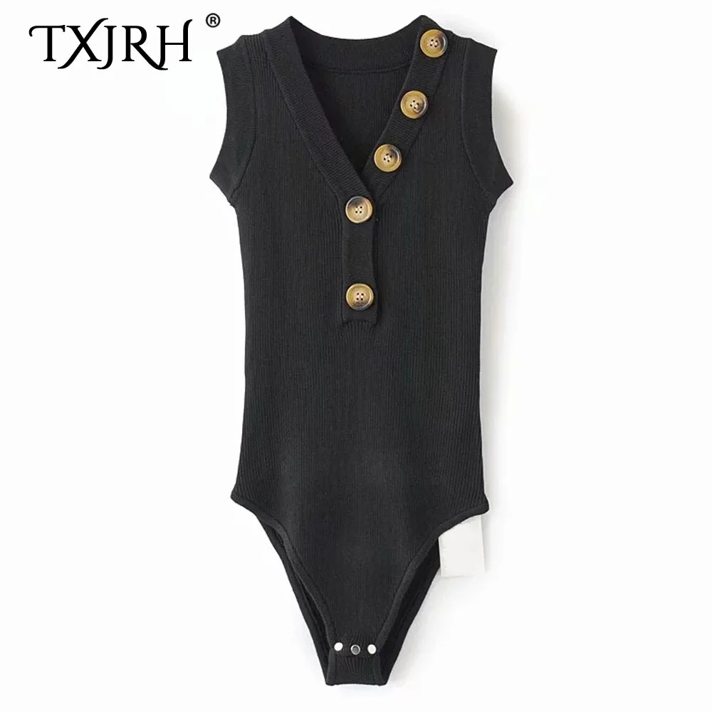 

TXJRH 2019 Sexy Knitted Strentch fit Romper Body Siamese Bodysuit Sleeveless Deep V-Neck Button Casual Women Undershirt 2 Colors