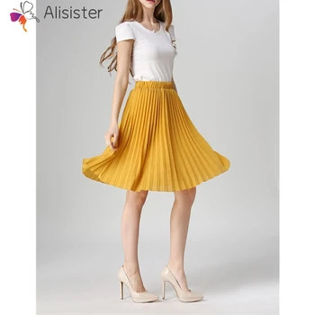 

2019 Summer New Sweet Chiffon Pleated Skirt Women Vintage High Waist Solid Tutu Skirts Elegant Casual Midi Femme Skirt