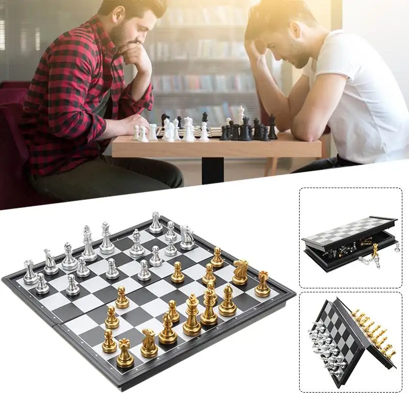 

Chess Game Silver Gold Pieces Folding Magnetic Foldable Board Contemporary Set Board Game Entertainment