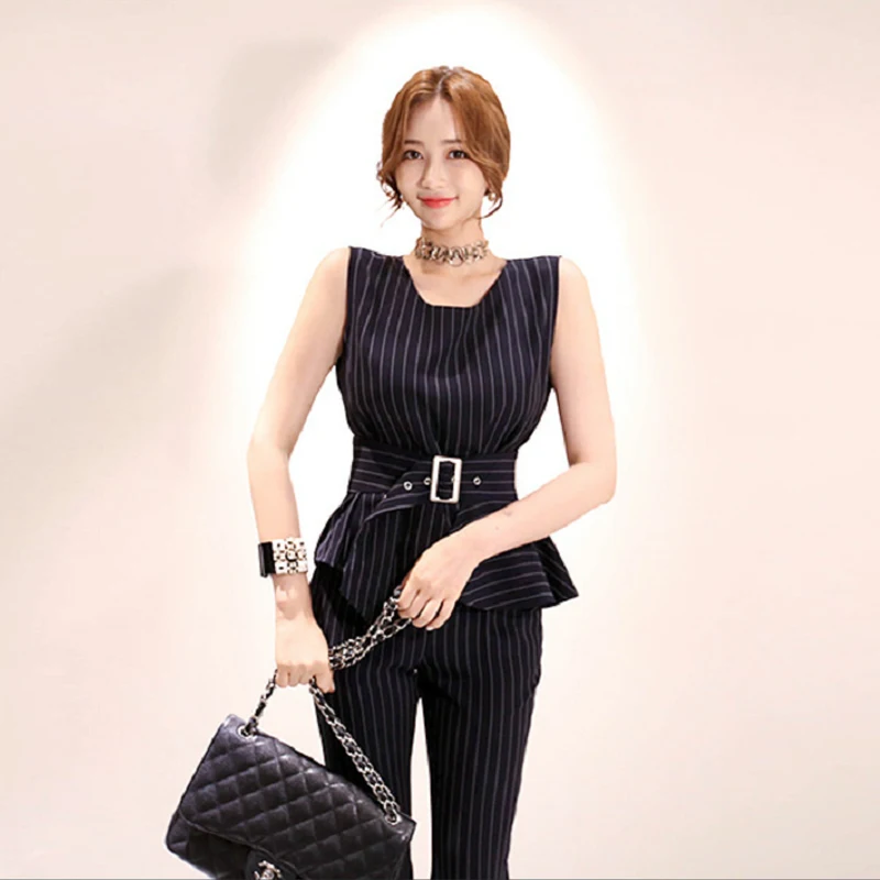 

Elegant Striped Women Suits Two Piece Set 2019 Spring Summer Office Ladies Tops and pant suit sets whit belt