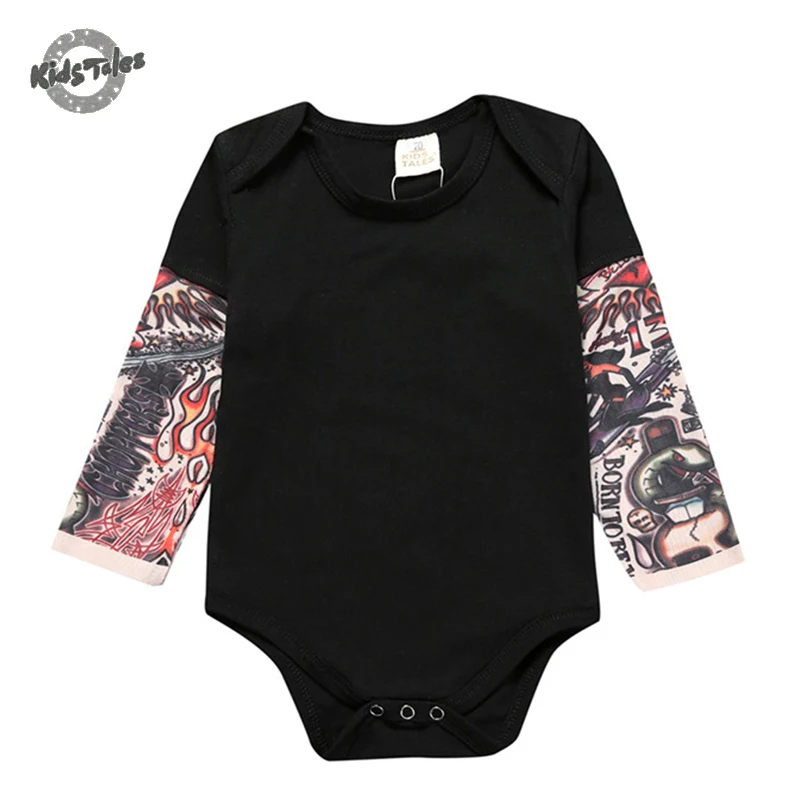 

Kids Tales Cool Style Newborn Toddler Kids Baby Boy Bodysuit Clothes Cotton Long Sleeve Tattoos Print Jumpsuit Outfits Black