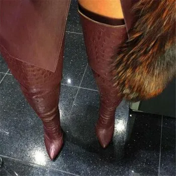 

EMMA KING 2018 Fashion Snake Print Zapatos De Mujer Pointed Toe Long Boots High Heels Croc Black Wine Red Thigh High Boots Women