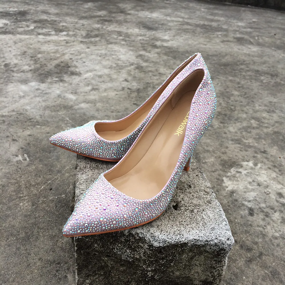Veowalk Soft Leather Purple Bling Fashion Design Women's High Heel Pumps Sexy Rhinestone Stiletto Heels Party Shoes For Woman