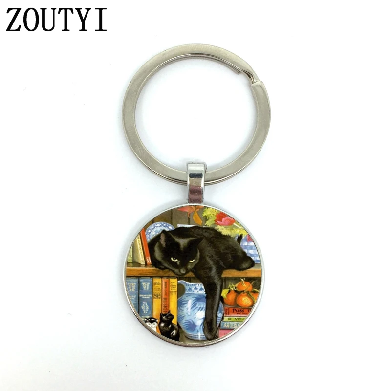 

New / hot, black cat bookcase, men's and women's key chain quality car pendant, convex glass key ring.
