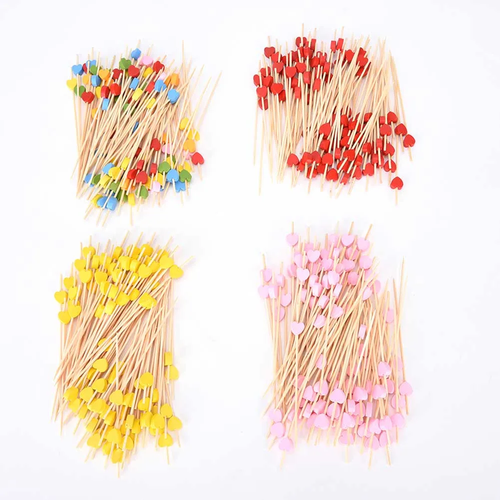 

100pc 12cm Heart Bamboo Food Picks Buffet Cupcake Fruit Fork Party Cake Dessert Salad Vegetable Sticks Cocktail Toothpick Skewer