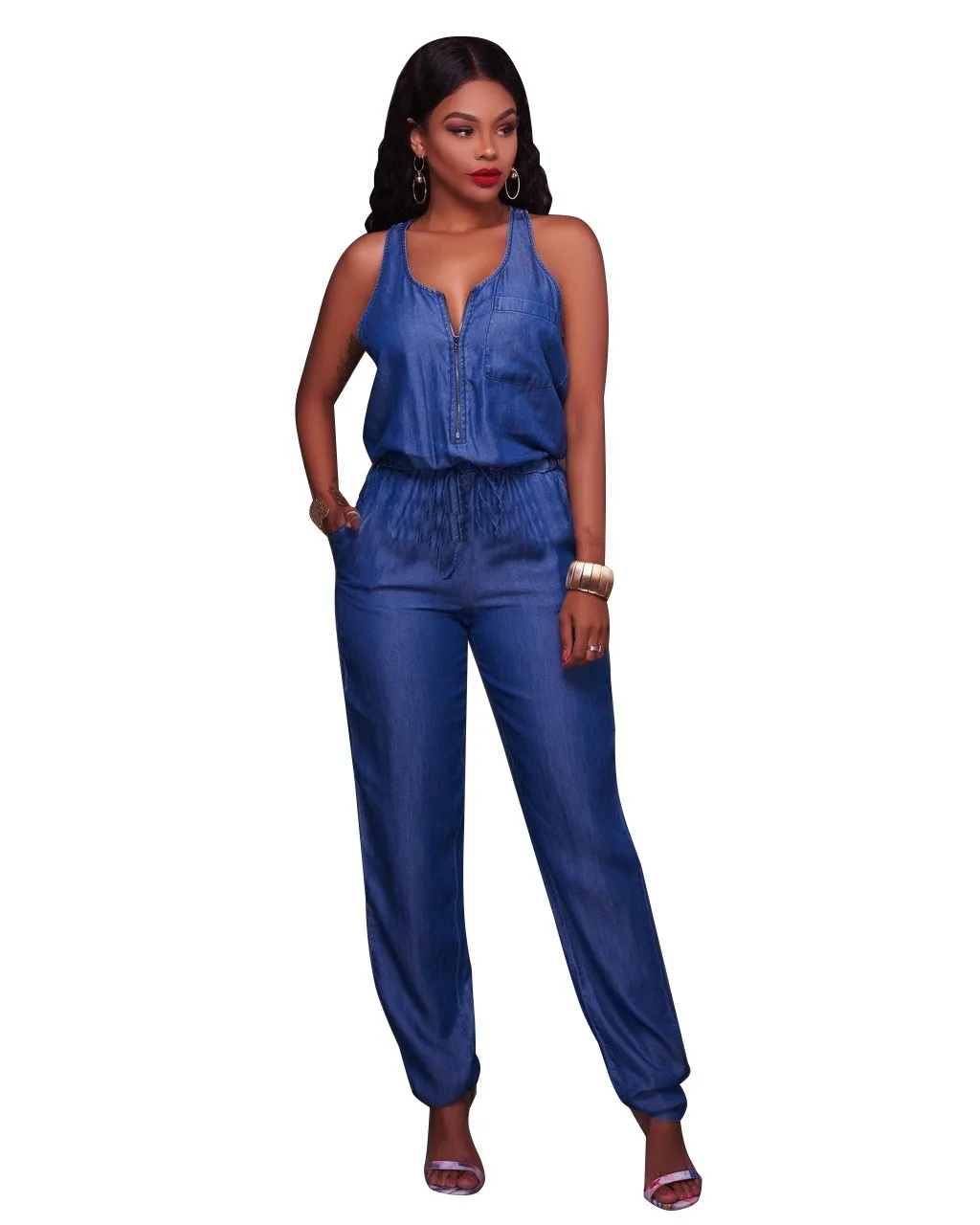 Fashion 2018 Women Casual Sleeveless Jeans Jumpsuit Solid O-Neck Denim Rompers Loose Zipper Sashes Playsuits