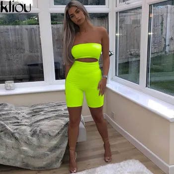 

Kliou Women Sexy Short Fluorescence Playsuits Short Hollow Out Strapless Female Sexy Skinny Solid Party Rompers Bodysuits