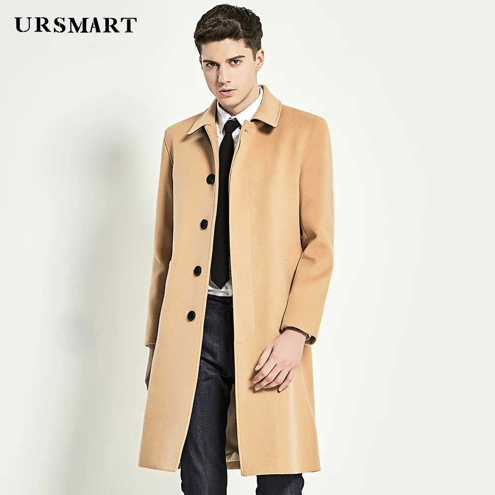 URSMART Autumn and winter new camel long coat men's single row button ...