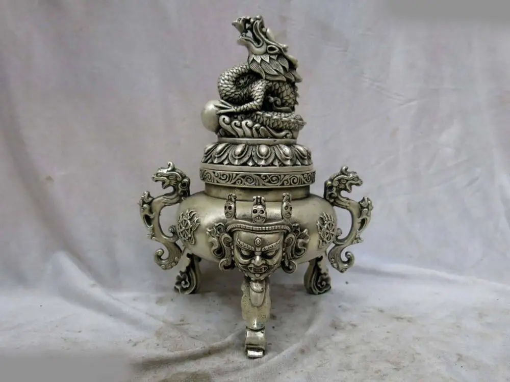 

11" China silver carved finely buddha dragon play bead censer incense burner