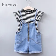 Hurave 2017 New Summer Girls Sets Children Summer Clothing Sets Kids Clothes Stripe T Shirt Pants