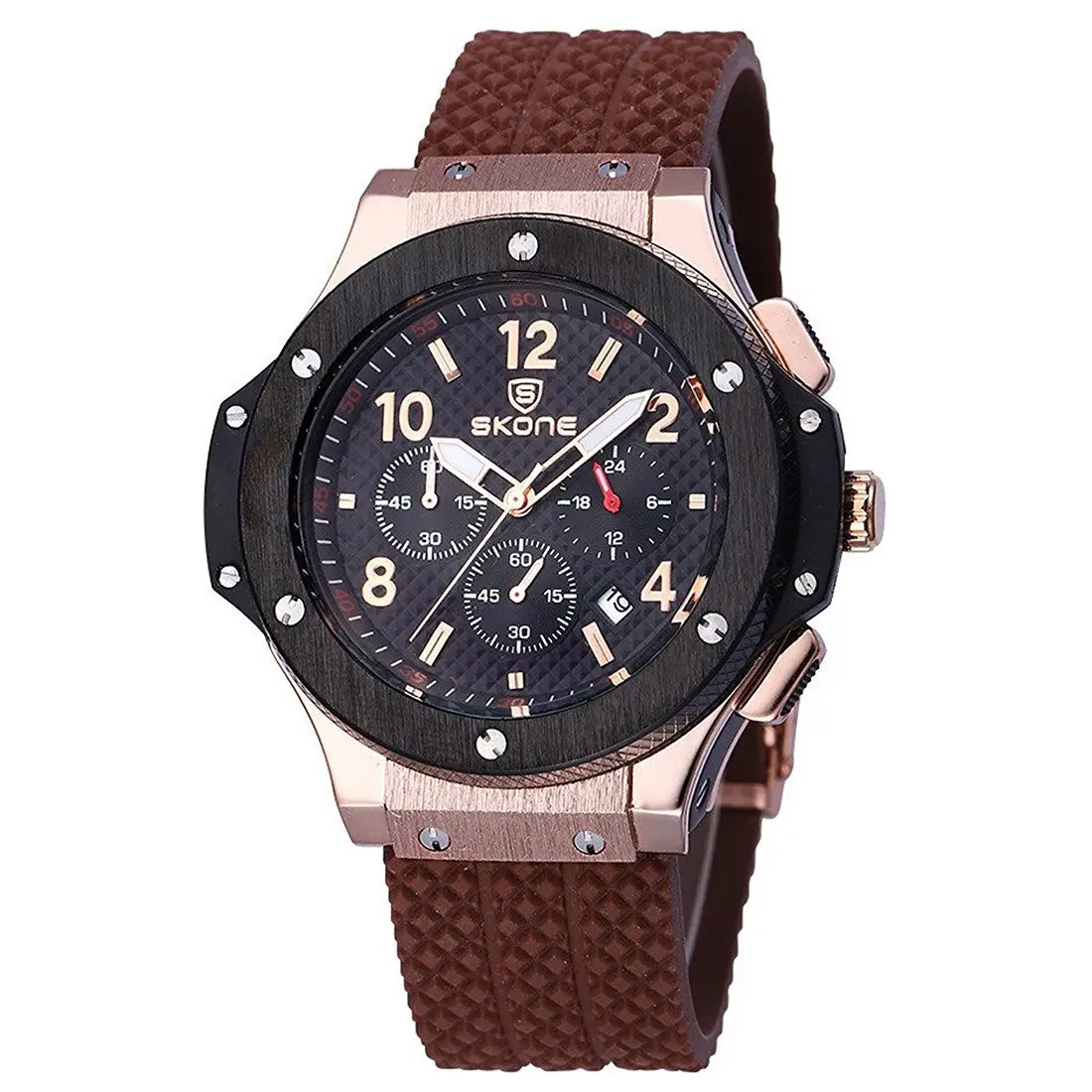 

SKONE Quartz Mens Watch with Nail Number Scale and 3 Eye Function Dials Date Display