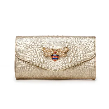 

leisure design Women day Clutch cow Leather Crocodile pattern Female Shoulder Bag Chain Bee Deco Evening crossbody purse Bag