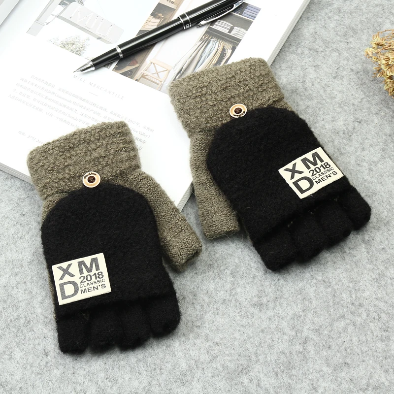 Новые толстые теплые мужские зимние перчатки без пальцев для вождения мужские теплые однотонные наручные перчатки варежки 6 цветов - Цвет: G56 black