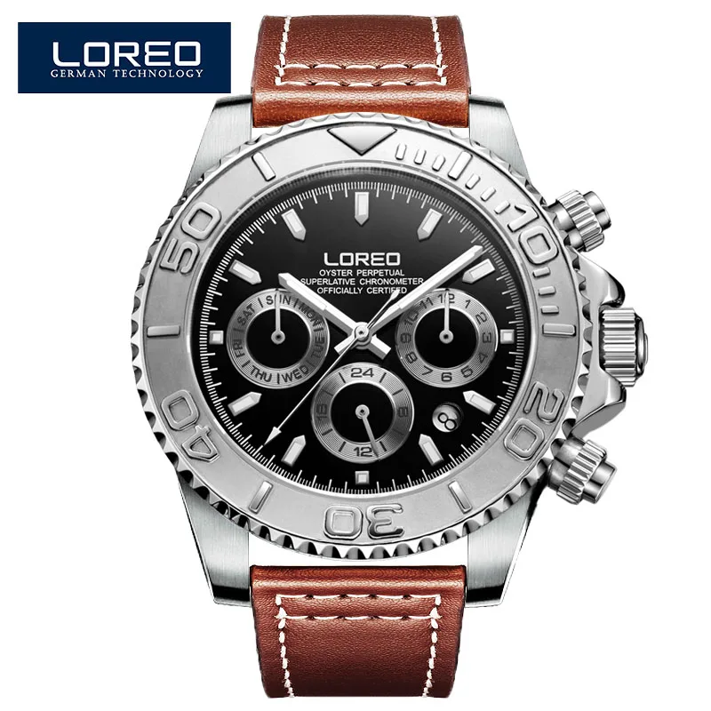 Мужские часы LOREO с ремешком из нержавеющей стали, автоматические механические наручные часы в стиле милитари, 200 м, водонепроницаемые часы, мужские модные спортивные часы - Цвет: Leather strap 02