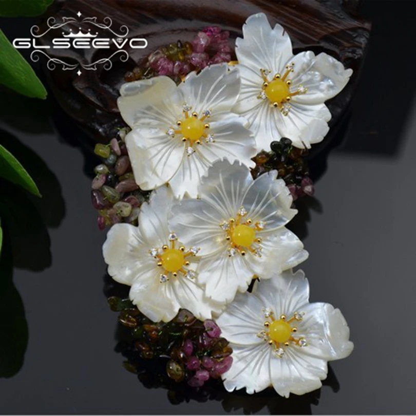 GLSEEVO Natural Mother Of Pearl Flower Brooch Pins Beeswax Tourmaline Brooches For Women Dual Use Designer Jewelry Luxury GO0236 GLSEEVO Natural Mother Of Pearl Flower Brooch Pins Beeswax Tourmaline Brooches For Women Dual Use Designer Jewelry Luxury GO0236