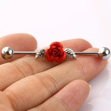 Цельнокроеное платье хирургический Нержавеющая сталь 1,6*38*6 мм Роза 14G Длинные Промышленные штангой цветы пирсинг тела, ушей ювелирные изделия