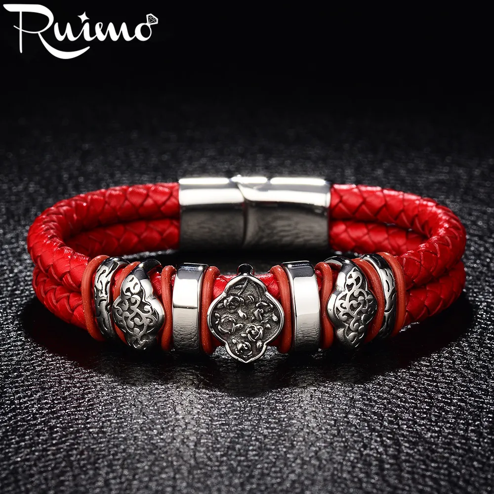 

RUIMO 316L Stainless Steel Woman Bracelets Flower&Cloud Totem Bangles Trendy Double Braided Leather with Magnet Buckle Bracelet