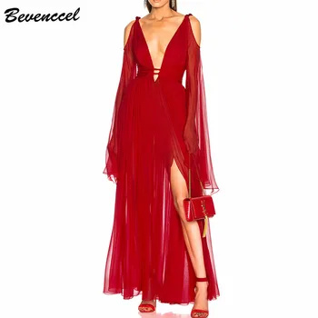 

Elegant Dress 2020 New Arrival Red Sexy Maxi Dress Mesh Long Sleeve Deep V Long Party Dress Vestidos