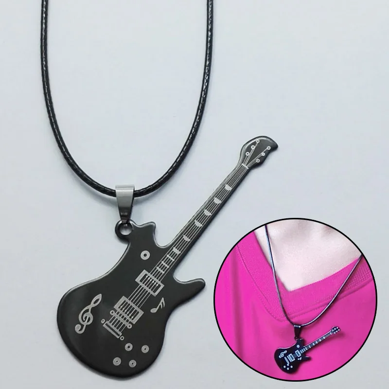 

Hot 1pc Cool Punk Black Stainless Steel Guitar Pendant & Necklaces Leather Chain Men Women Costume Jewelry Drop Shipping