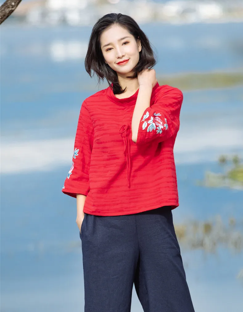 ZJN Women Tunic Blouse 2019 Spring Summer Basic Shirt Chinese Style Turtleneck 34 Sleeve Ladies Red Embroidery Sweatshirt Tops (2)