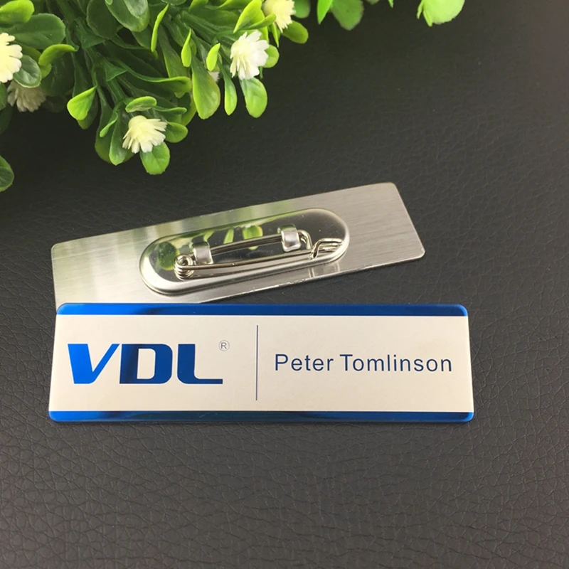 

10pcs custom 70X20mm name tag badge laser staff identity badge logo metal pin with metal stainless steel plate officer badge