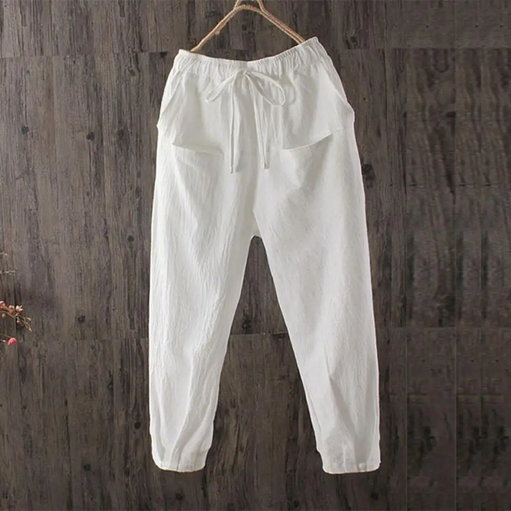 

Fashion Linen Pants For Women Elastic High Waist Cotton Vintage Loose Casual Harem Cargo Pants Women Trousers pantalones mujer