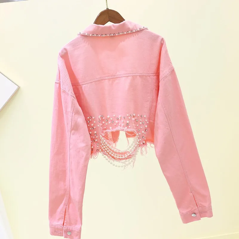 Spring Streetwear Pink Short Denim Jackets Female Beading Hole Jeans Jackets Long Sleeve Loose Cowboy Coat