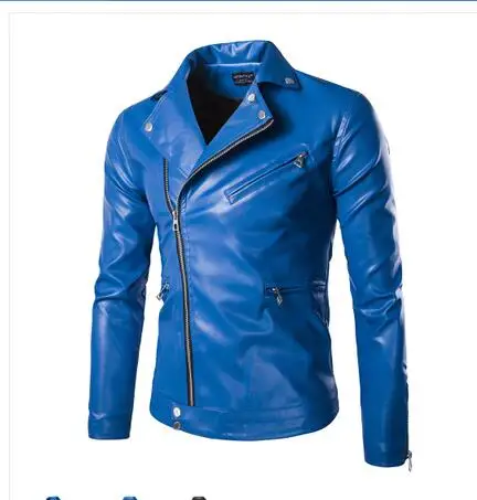 fashion stand collar motorcycle leather clothing men's Zipper leather jacket male outerwear blue Leather & Suede M-5XL