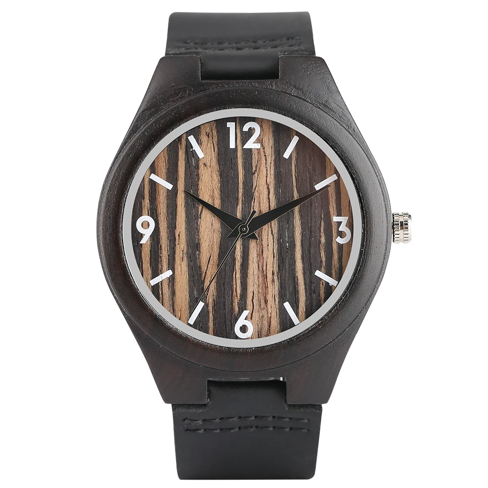 

YISUYA Top Band Bamboo Wood Wrist Watch Men Stripe Dial Quartz Creative Watches Black Genuine Leather Band Nature Wooden Watch