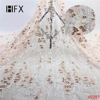 

HFX African Lace Fabric 2019 Nigeria Mesh Lace High Quality Gold Wedding Dress Net Lace Sequin Glitter Tulle Fabric X2297