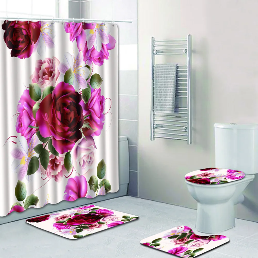 

Fashionable 4PCS Non Slip Toilet Polyester Cover Mat Set Bathroom Shower Curtain Shower Curtains Bathroom Curtain Set K1@X