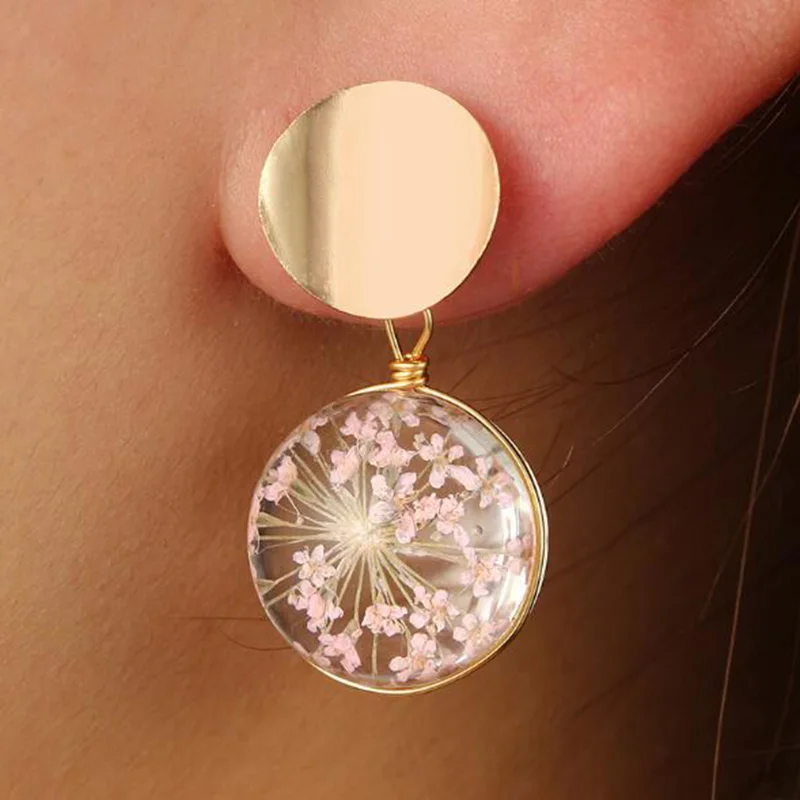 

metal piece geometric earrings transparent round dried flower pendant earrings flower earrings for women statement jewelry A007