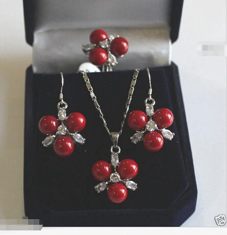 

Free shipping New style Natural noble jewelry>>>>Fashion 8mm Red South Sea Shell Pearl Crystal Earrings Pendant Ring Set