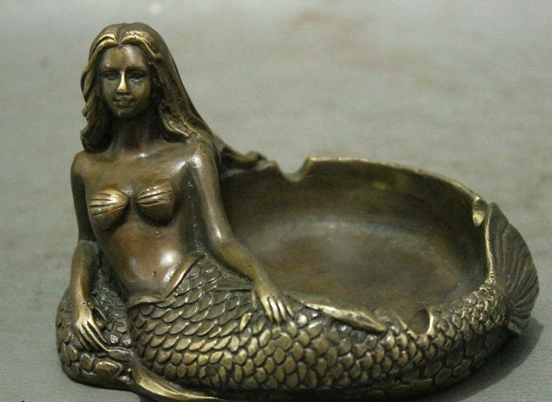 

Chinese Myth Bronze Copper Mermaid Sea-maid Belle Statue Ashtray Brush Washer