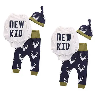 Cute Infant Baby Boys Girls Deer Bodysuit Top Pant Hat Kids Christmas Outfits Set Clothing