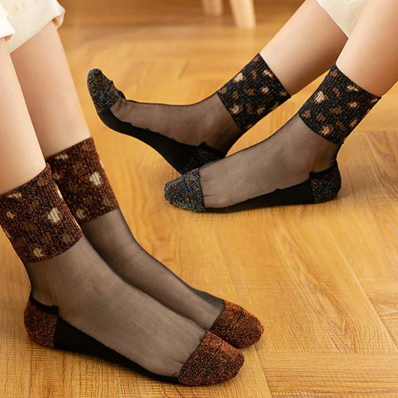 Сексуальные леопардовые кружевные сетчатые носки, женские блестящие шелковые носки с кристаллами, лето, ультратонкие прозрачные сетчатые носки, Calcetines Skarpetki