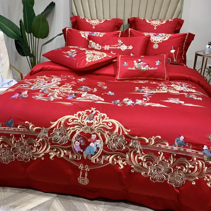 Новый красный 100 S Египетский хлопок Павлин Вышивка роскошный китайский стиль набор свадебного постельного белья пододеяльник