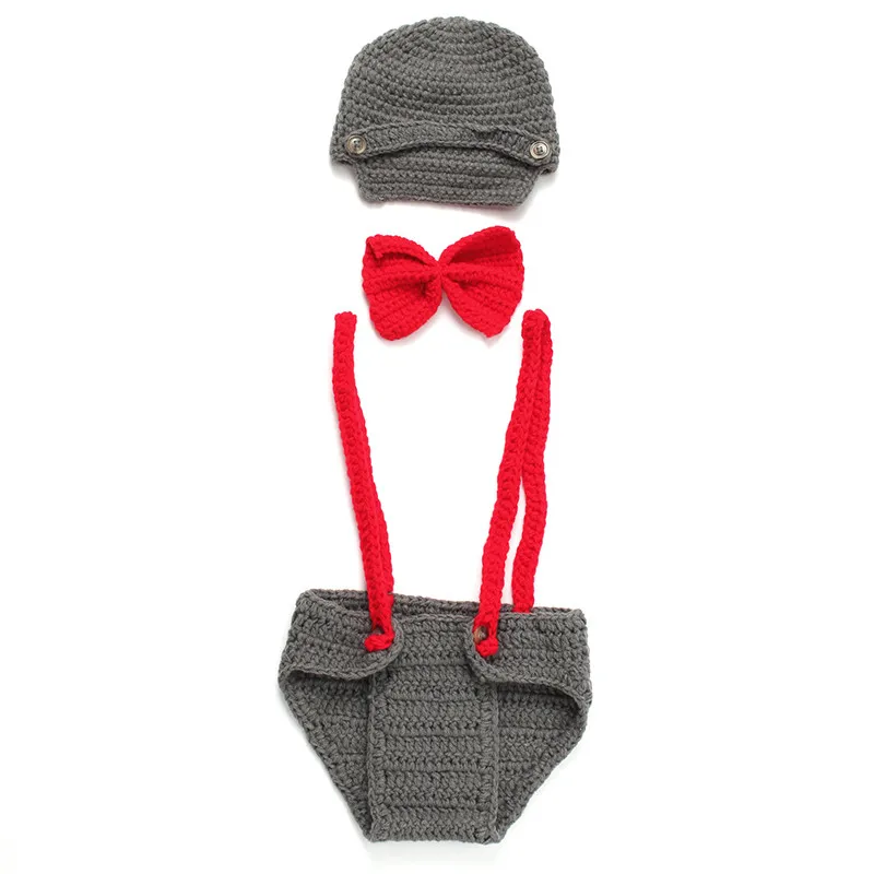 2016 New Born Photography Props Cotton Three Piece Suit Newborn Hats For Boys Red Gentleman Bow Tie With Dark Grey Winter Hat  (4)