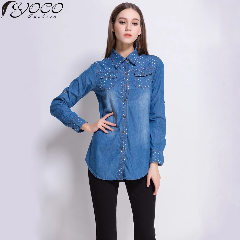 Buy S XXL Lapel Collar Women Clothing Polka Dot Full Sleeve Denim Shirts Blouse