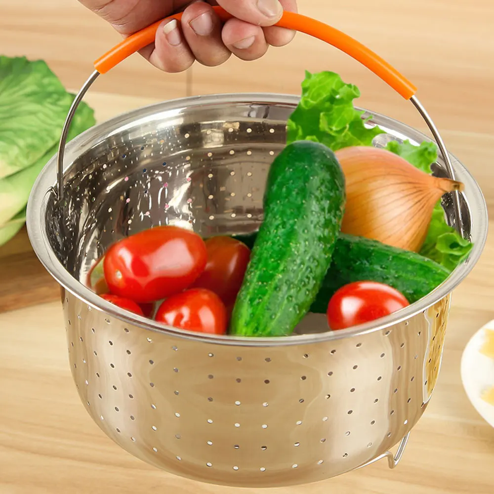 

304 Stainless Steel Steamer Insert with Silicone Covered Handle, Great for Steaming Vegetables,Sturdy Steamer Basket