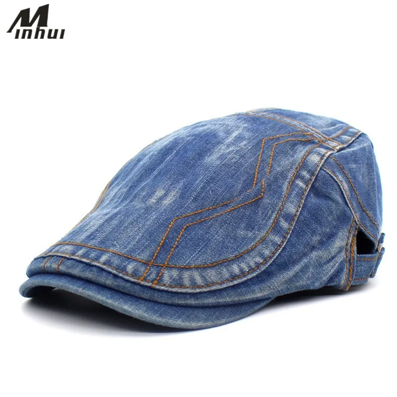 Minhui Men Women Classic Blue Denim Hats Fashion Embroidery Flat Caps
