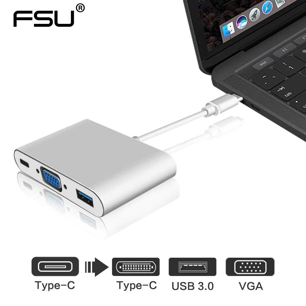 

FSU Type-c HUB 3.1 USB C to VGA/USB3.0/Type-c male to female support HD 1080P Adapter for Macbook Matebook Monitor TV U disk