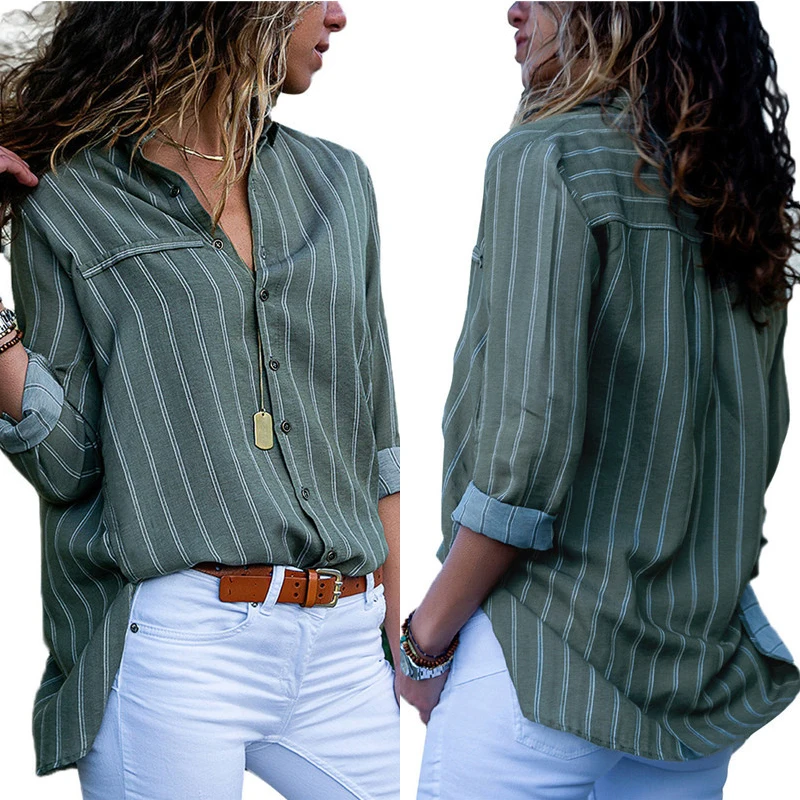 

New Fashion Button Striped Shirts Womens Long Sleeved Blouses Casual Loose Turn Down Collar OL Style Blusas Femininas SJ595U