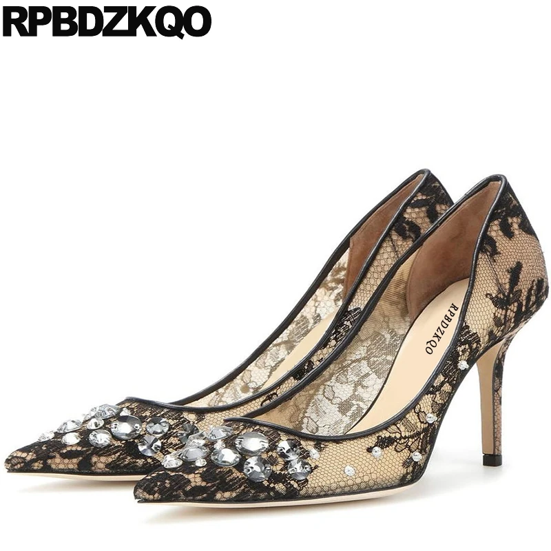 

Pointed Toe Runway Size 33 Super Lace Stiletto Ultra Fashion Shoes 2017 Luxury Women Famous High Heels Extreme Black Crystal