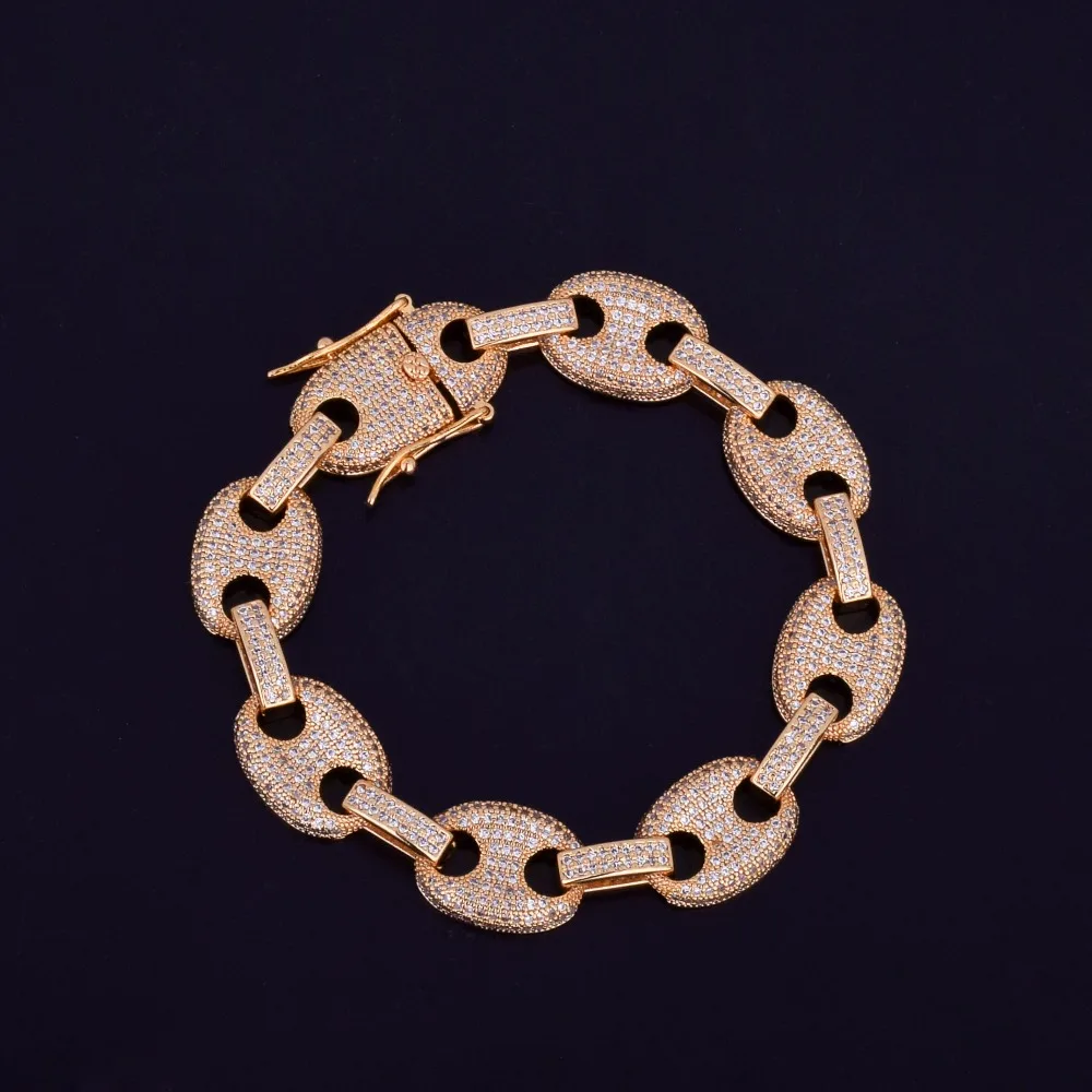 12MM Gold Men's Cuban Link Chain Bracelet Men's Hip hop Jewelry Copper Material Iced Cubic Zircon Chain Bracelet 8"