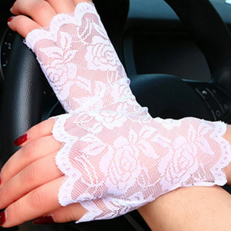 

UV-Proof Driving Gloves Short White Black Fingerless Lace Gloves Lace Accessories for Bride For Women