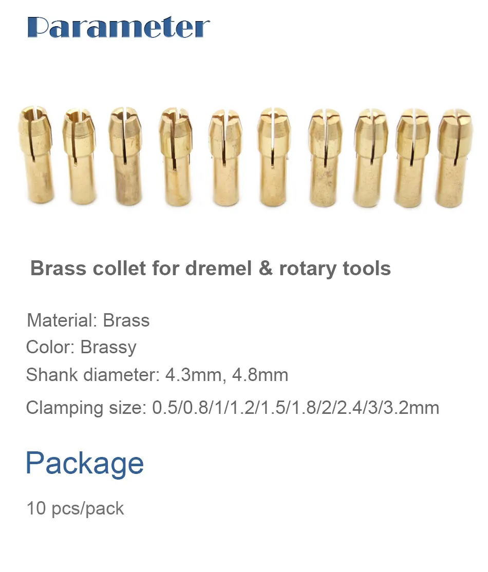 10pcs//set laiton Drill Chuck Collet Bits 4.3 mm tige Dremel Outil Rotatif Golde